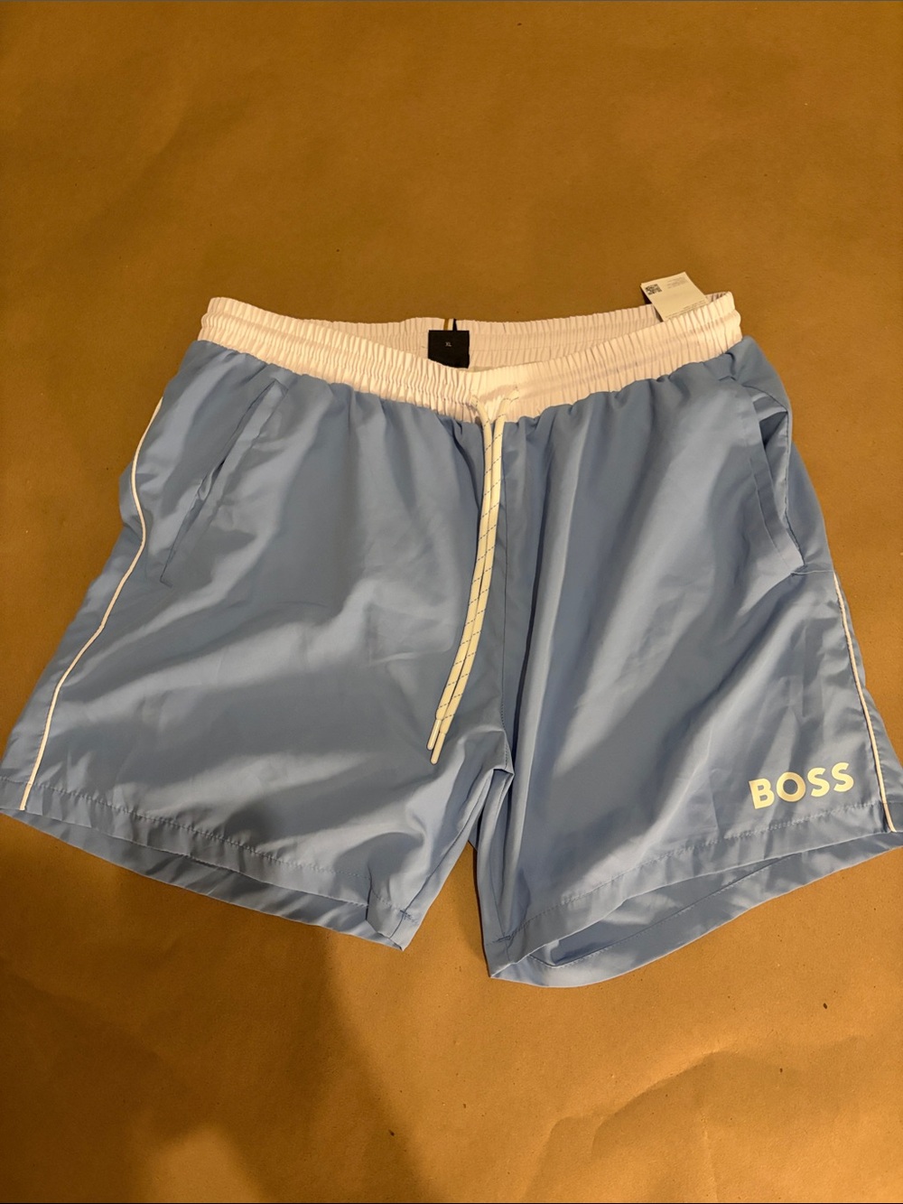 BOSS Light Blue Swim Shorts with White Waistband and Piping